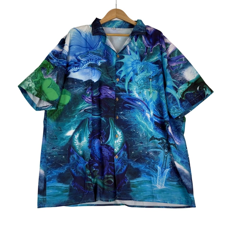 Misslook Dragon‎ Hawaiian Graphic Print Button Down Shirt Mens 2XL Blue Fantasy